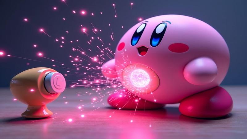 Close-up of a Kirby-themed alarm screen devouring a snooze button, pink stars exploding as a bleary-eyed gamer reaches out.