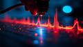 Close-up of glowing fiber optics as a scientist aims a laser, with a seismograph line jittering like a caffeinated lie detector.
