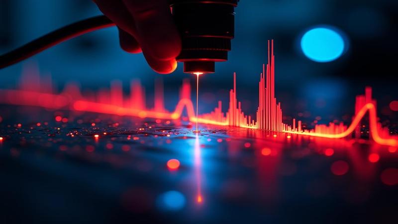 Close-up of glowing fiber optics as a scientist aims a laser, with a seismograph line jittering like a caffeinated lie detector.