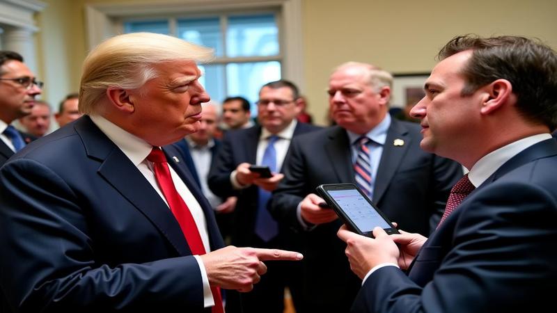 A skeptical Trump points at a Fed sign while a crowd clutching calculators gasps.