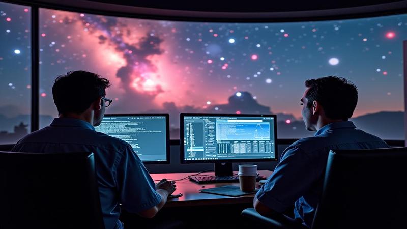 Secondary image shows scientists watching monitors, coffee in hand, while the cosmos offers a polite encore.