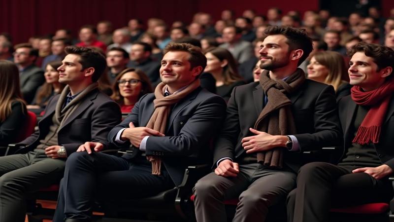 Moviegoers at a Nordic screening sit tidy, clutching knit scarves, visibly overwhelmed by courteous eye contact and a consensual handshake.