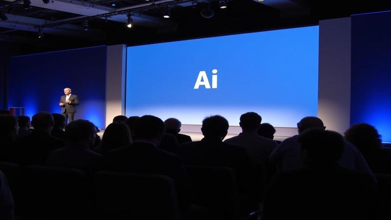 A keynote slide reading 'AI' while the audience pretends not to check their mortgages.