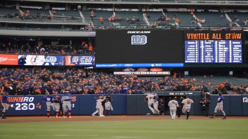 Close-up of scoreboard showing Giants win, players heading to tunnel, fans looking down, smartphones recording moment.