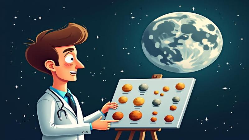 A scientist gestures at a chart of lunar blips shaped like a horoscope, while the moon looks innocent and slightly smug in the background.