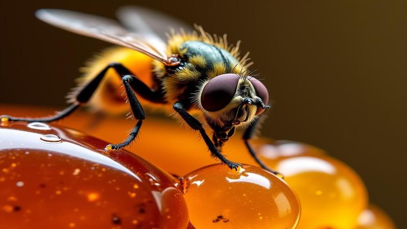 Close-up of a glossy amber chunk holding a fly mid-buzz, with microscope reflections and gloved hands poised like jewel thieves of time.