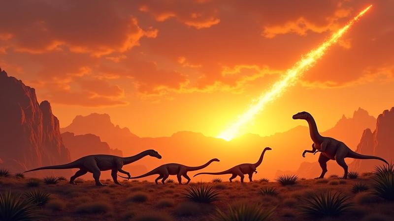 Cretaceous scene of bustling dinosaurs mid-graze as a blazing asteroid slices the sunset; optimism on the ground, apocalypse in the sky.