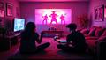 A chaotic living room where a parent nods along to neon-demon silhouettes on screen as a teen DJ air-guitars.