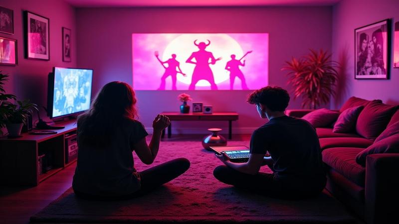 A chaotic living room where a parent nods along to neon-demon silhouettes on screen as a teen DJ air-guitars.