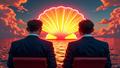 Two identical financiers in blazers row a gilded shell through a sea of prospectuses toward a neon IPO bell.