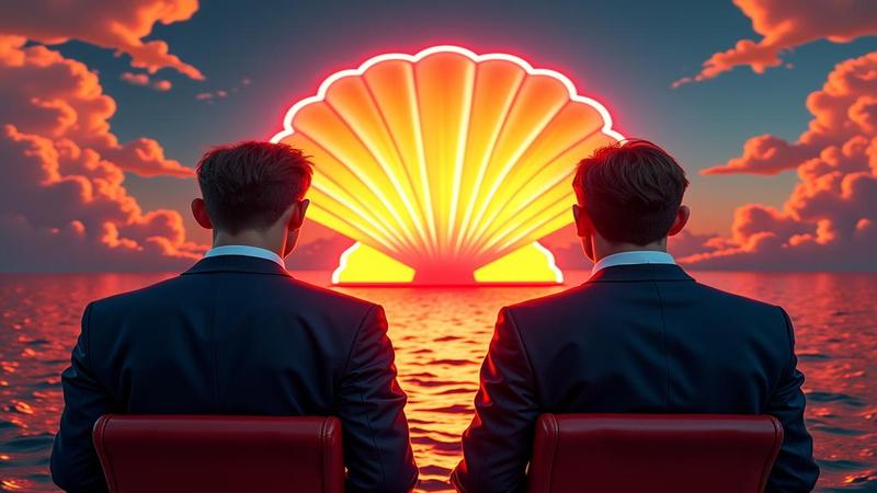 Two identical financiers in blazers row a gilded shell through a sea of prospectuses toward a neon IPO bell.