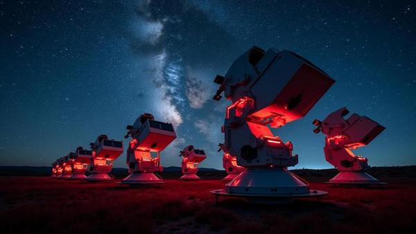 A row of robotic telescopes under a vast Texas sky, red LEDs glowing as domes pivot in eerie unison toward the Milky Way.