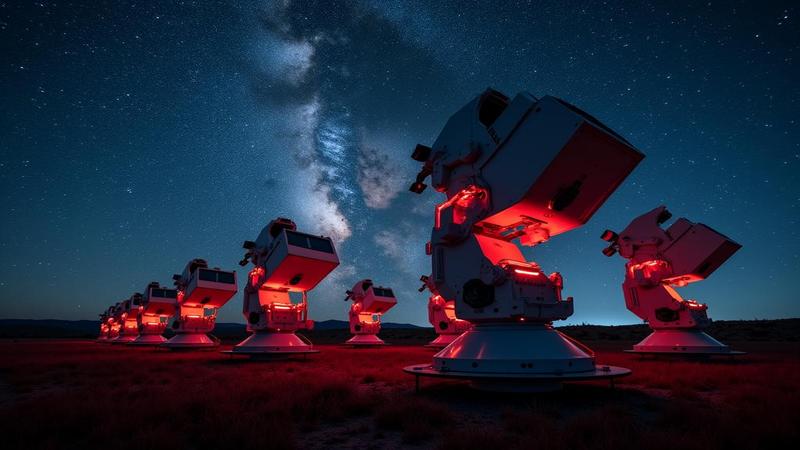 A row of robotic telescopes under a vast Texas sky, red LEDs glowing as domes pivot in eerie unison toward the Milky Way.