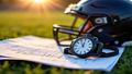 A close-up of a stopwatch, play sheets, and helmet reflecting on a sunny practice field.