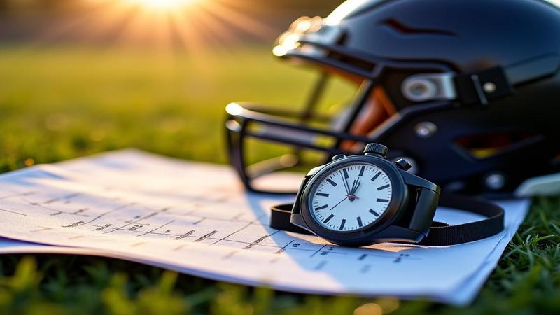 A close-up of a stopwatch, play sheets, and helmet reflecting on a sunny practice field.