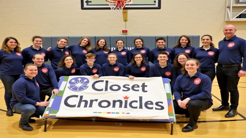 Alumni gather around a float labeled 'Closet Chronicles' while the gym hums with disbelief and pop music.
