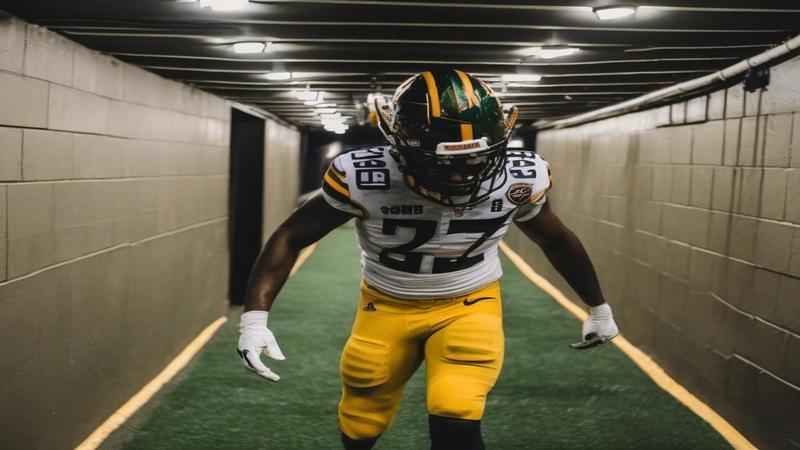 Brian Burns in stadium tunnel, helmet in hand, mid-step, frustrated after loss, fluorescent lights, security nearby.