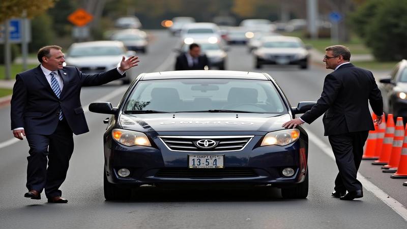 Executives push a stalled sedan labeled 'Chapter 11' toward a service bay, hazard lights blinking, as a judge waves in orange traffic cones.
