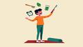A citizen juggling toothbrush, kale smoothie, yoga mat, and alarm clock, eyes wild, attempting every morning ritual at once to appease an offended pancreas.