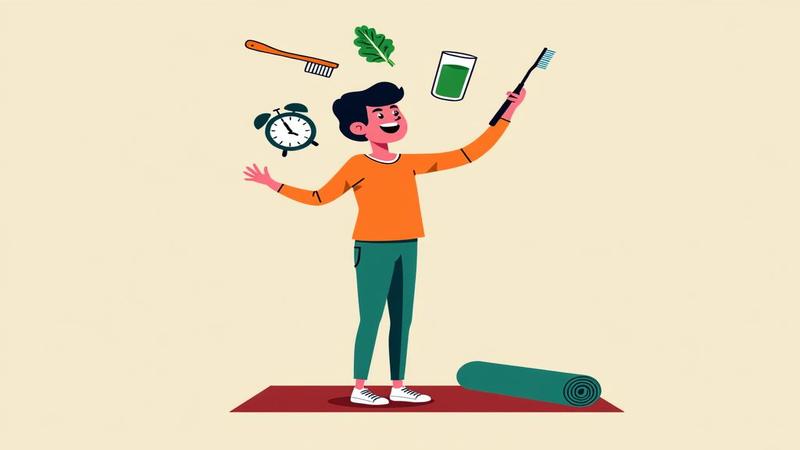 A citizen juggling toothbrush, kale smoothie, yoga mat, and alarm clock, eyes wild, attempting every morning ritual at once to appease an offended pancreas.