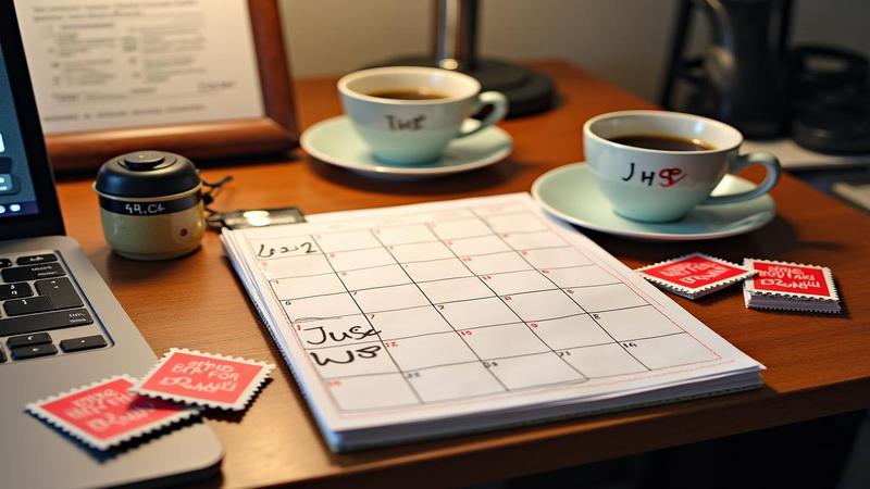 A lone desk, coffee cups, red stamps, and a calendar that refuses to move.