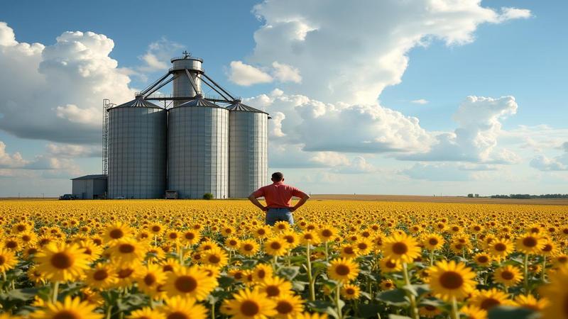 A Midwestern silo overflowing with soybeans as farmers stare, calculators in hand, while clouds gather like unamused auditors.