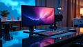 Shiny 720Hz OLED monitor gleams atop a glass desk, dramatic reflections included.