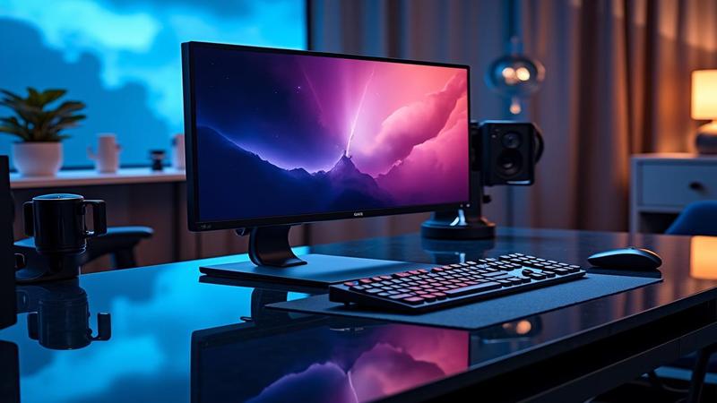 Shiny 720Hz OLED monitor gleams atop a glass desk, dramatic reflections included.
