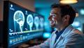 Lead researcher smiles as a brain-age chart ticks from neon youth to sepia maturity on a wall-sized monitor.