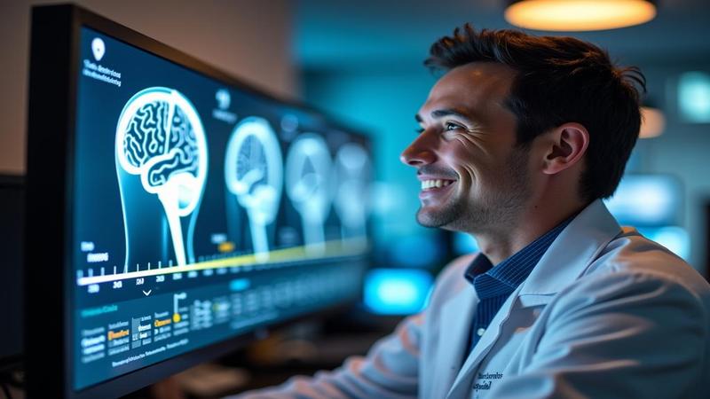 Lead researcher smiles as a brain-age chart ticks from neon youth to sepia maturity on a wall-sized monitor.