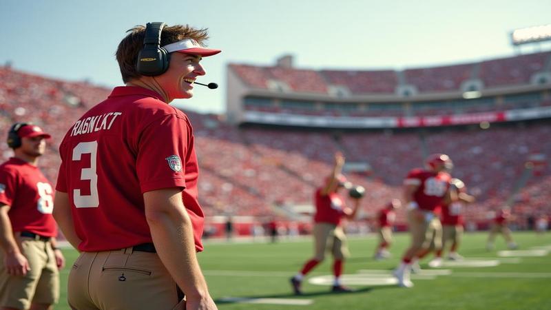 Mike Kafka grinning on sideline, headset askew, as Jaxson Dart spins a pass like a UFO auditioning for Broadway.