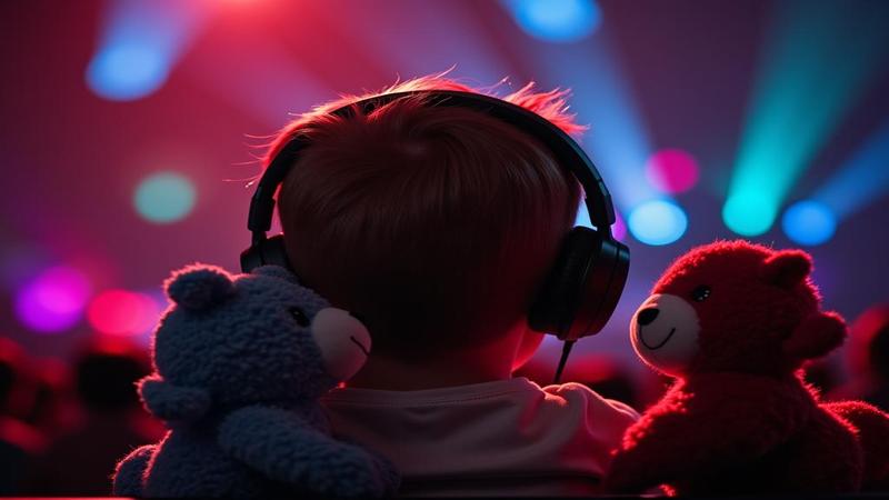 Close-up of a kid head-bobbing with distant strobe lights, while stuffed animals wear tiny headphones.