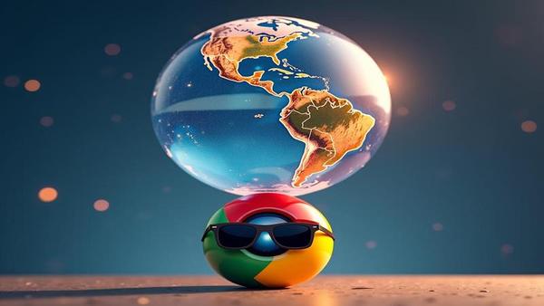 A gleaming new browser window labeled 'Atlas' towering over a tiny Chrome icon wearing sunglasses.