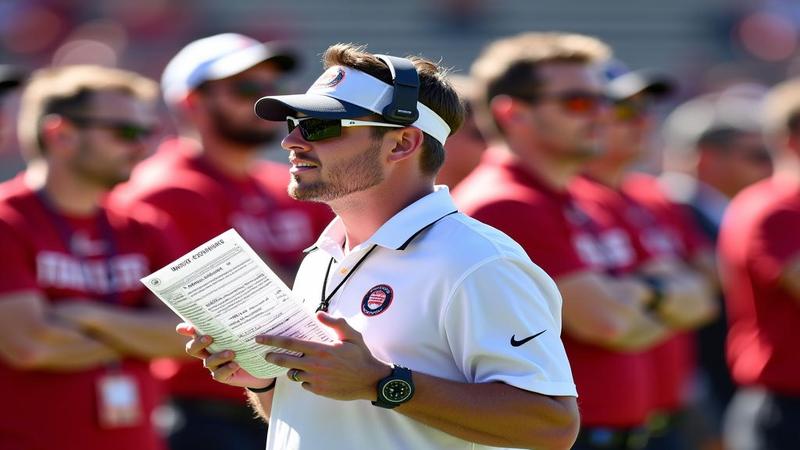 A coach clutching a laminated play sheet and sunglasses mid-sigh, while fans practice breathing exercises with nachos.