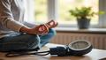 A serene home scene of someone meditating while an unused blood pressure cuff sits nearby.