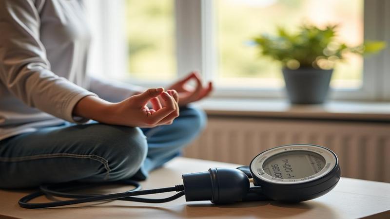 A serene home scene of someone meditating while an unused blood pressure cuff sits nearby.