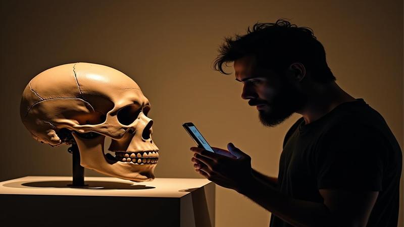 A Neanderthal skull displays next to a modern Homo sapiens silhouette under museum lights, both looking puzzled at a smartphone.