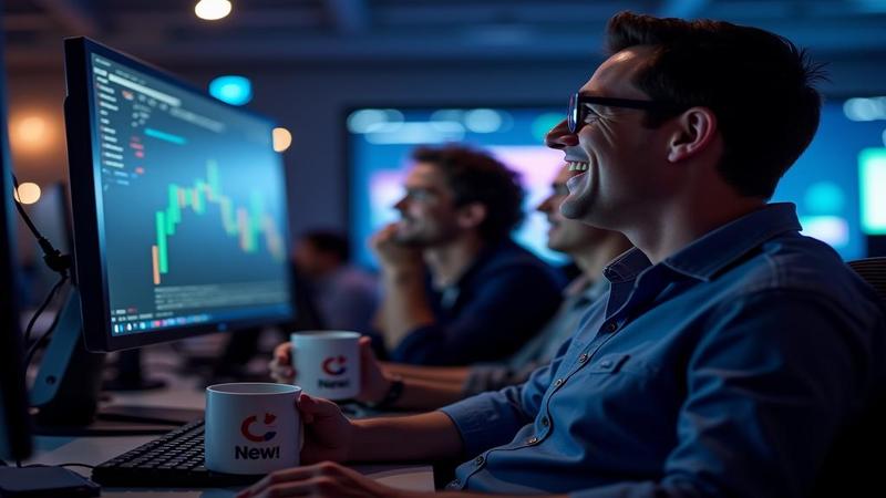 Secondary image captures researchers cheering as monitor walls glow, mugs labeled 'New Era' in hand.