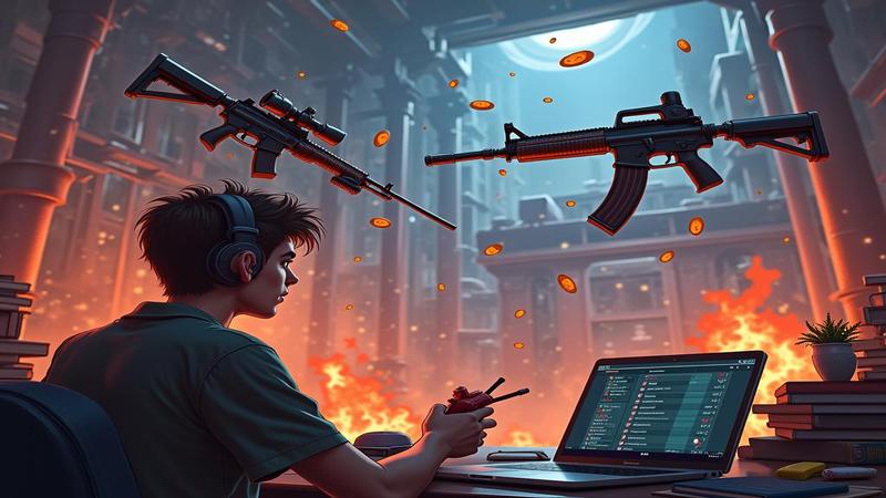 A bewildered player studies absurdly long patch notes while weapons float overhead labeled BUFFED and NERFED, a collapsing Season 6 leaderboard smoldering in the background.