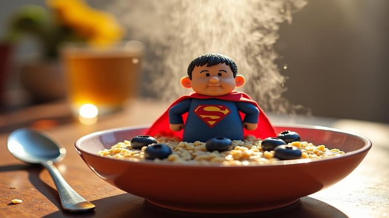 Close-up of a heroic bowl of oatmeal wearing a tiny cape, blueberries positioned like neurons, sunlight implying hope, steam rising like thought bubbles. Spoon poised like a stethoscope.