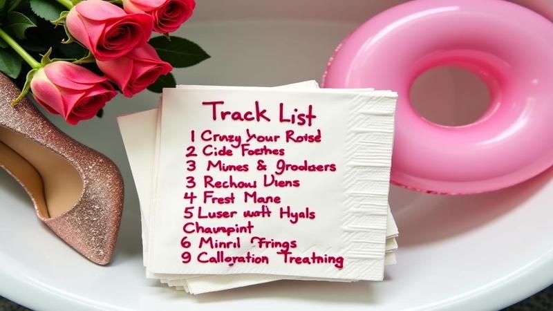 A frosting-smeared tracklist on a napkin beside wilting roses, glittery heels, and a ring-shaped inflatable floating in a bathtub.