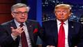 Split-screen of Woody Allen gesturing on a talk show and a 1998 film still of Trump in a suit, both bathed in studio lights like competing confessions.