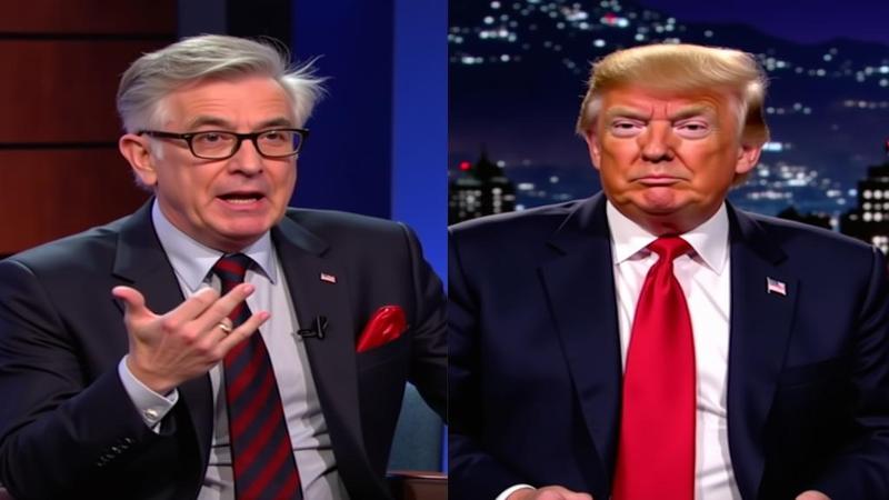 Split-screen of Woody Allen gesturing on a talk show and a 1998 film still of Trump in a suit, both bathed in studio lights like competing confessions.