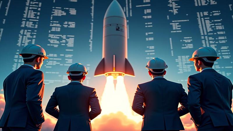 Engineers staring at a spreadsheet under a rocket, as if numbers hold the thrust.
