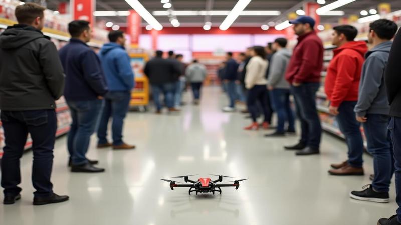 Shoppers queue as demo units glide through the aisle on tiny drones.