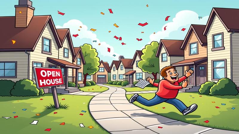 Open house line curls around the block; realtor tosses confetti while a cartoon mortgage rate mascot chases buyers with paperwork and a comically oversized calculator.