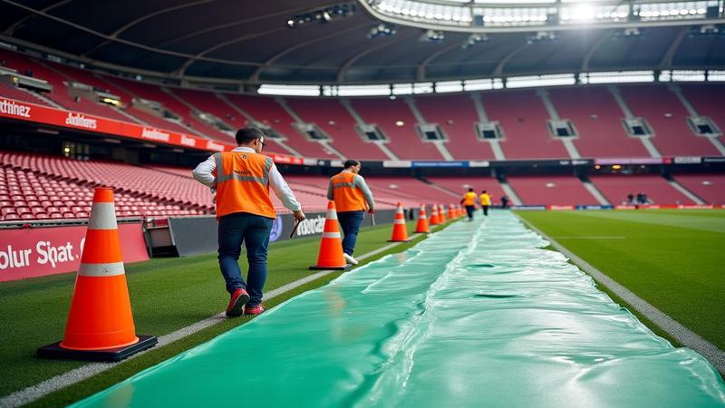 Stadium staff with cones and towels, treating the touchline like a biohazard slip-n-slide.
