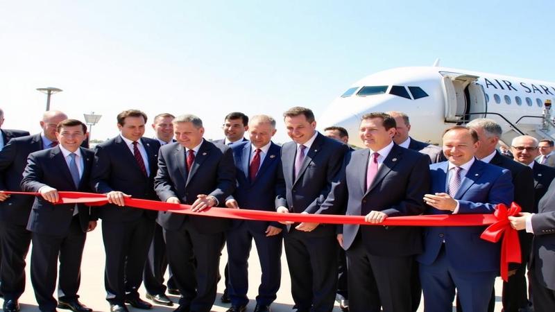 Ceremonial ribbon-cutting at a crowded airport gates as officials toast resumed direct air links between two giants.
