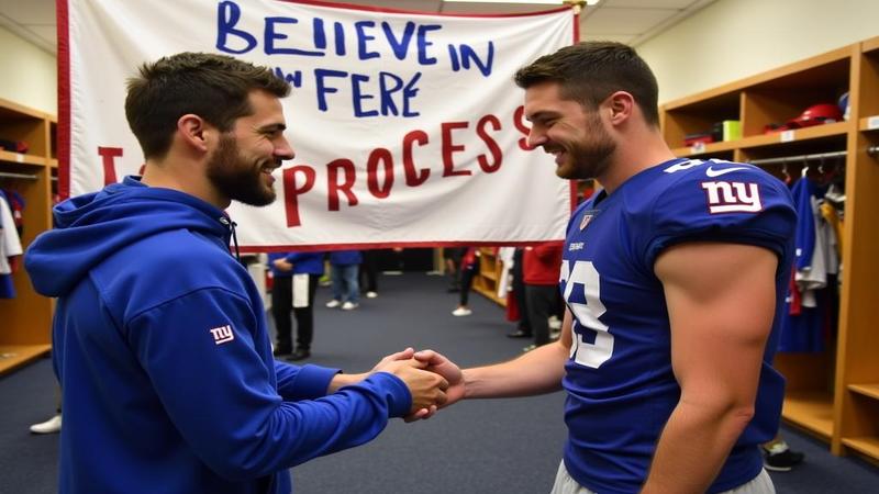 Jaxson Dart high-fives a Giants receiver while a 'Believe in the process' banner hangs in the locker room.