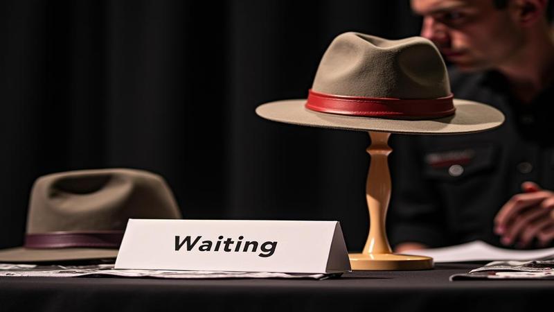 Close-up of a blank merch table labeled 'Waiting,' featuring an empty stand for a hat that hasn’t arrived yet, haunted by a polite, confused stagehand.